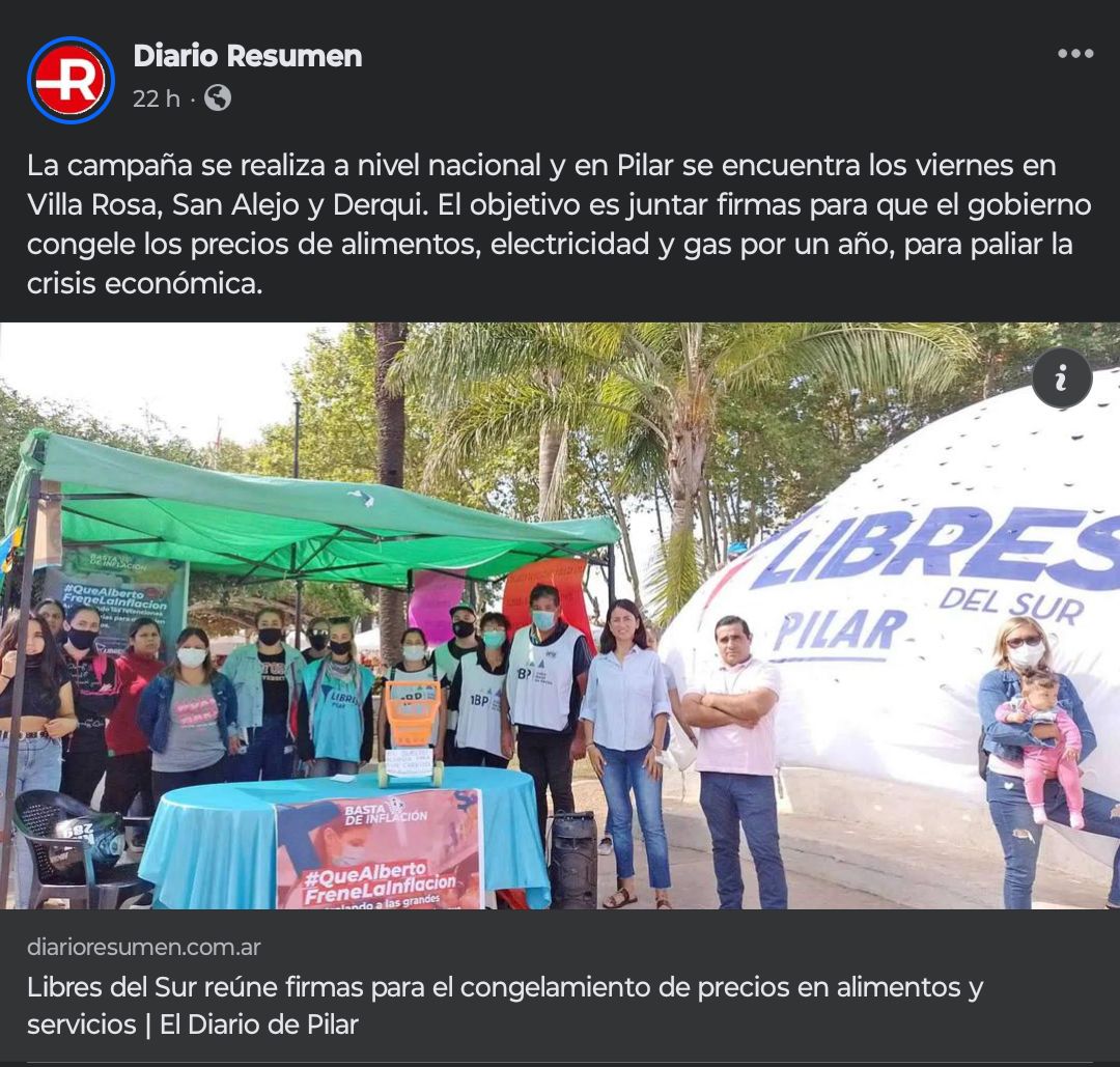 Queremos agradecer a Diario Resumen por la nota sobre nuestra campaña de congelamiento de precios, la cuál se realiza a nivel nacional. 

Link de nota: facebook.com/share/p/GFpFGA…

#LibresDelSur #Pilar #delviso #astolfi #derqui #villarosa #zelaya #lagomarsino #manuelalberti #manzone