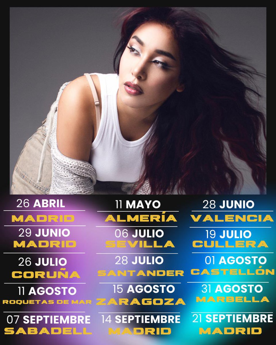 ¡Hola a todos! 🎤 Estoy emocionada de anunciar las primeras fechas donde voy a subir al escenario este año en España. 🇲🇽🇪🇸 ¡Prepárense para una experiencia única, llena de música, pasión y energía mexicana! 🎶✨ #Conciertos #MúsicaEnVivo #MexicanaEnEspaña