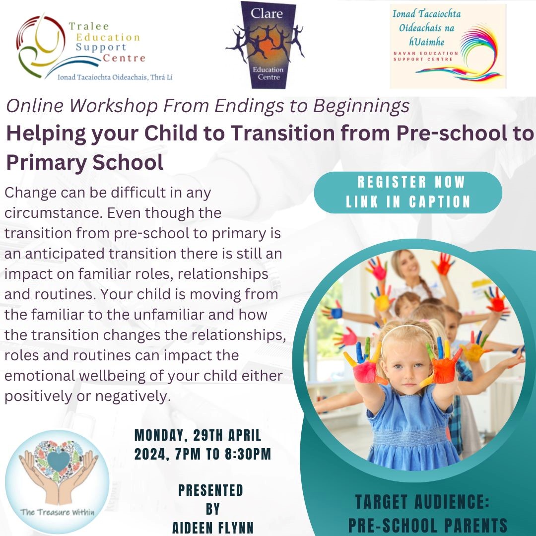 Transition from pre-school to primary. 📢Timely webinar for parents presented by Aideen Flynn. Register free now! zoom.us/webinar/regist… @ClareEdCentre @TraleeESC #schooltransition #earlylearning #parents