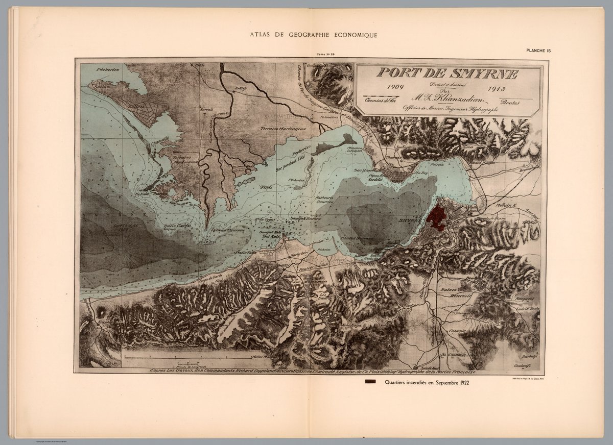 İzmir Limanı ve 1922 yangınından etkilenen bölgeyi gösteren harita. 

🔎kartostat.com/izmir24/

-1924, Zadig Khanzadyan, Atlas de Geographie Economique de Turquie