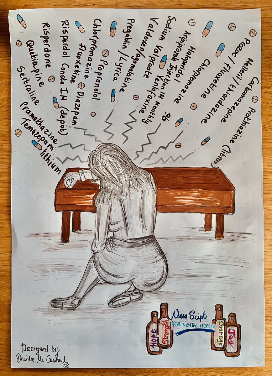 One of the activists @PPR_Org drew this for me. All the medications I’ve been on, often many at one time. And 96 #ECT. Drowning in drugs & disorders! Too unwell 4 psychological therapies apparently, over 8 years? People deserve more than this! #NewScript