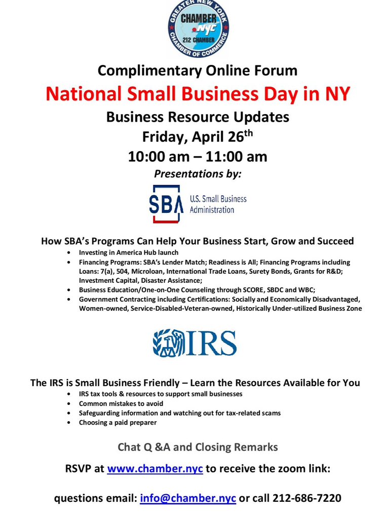 4/26, Small Business Day Resource Webinar, RSVP chamber.nyc/event/55296
