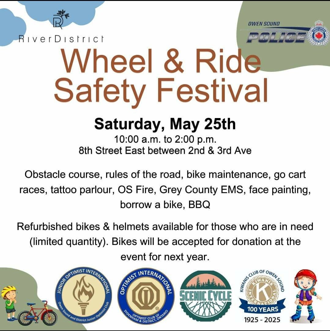 Mark your calendars! Wheel & Ride returns to the #RiverDistrict on Saturday, May 25 and Owen Sound Police Service is pleased to participate in this family-friendly event once again. @RiverDistrictOS @CityOwenSound @ChiefAmbroseOSP @JFluneyOSPS @Insp_DBishop @OSPApres