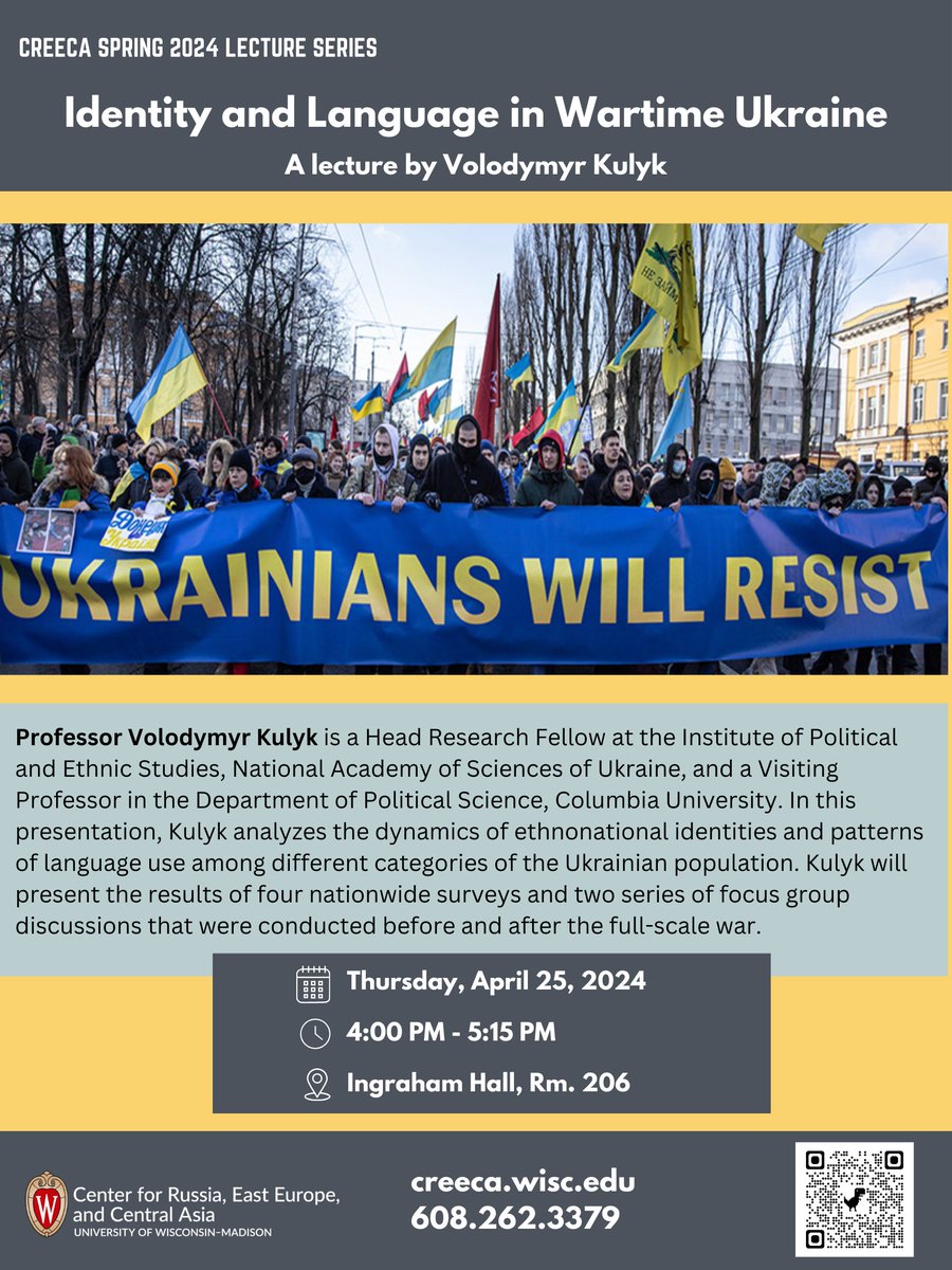 Join us tomorrow at 4:00 PM for @VolodymyrKulyk4's presentation: 'Identity and Language in Wartime Ukraine'. See you all in 206 Ingraham Hall!
