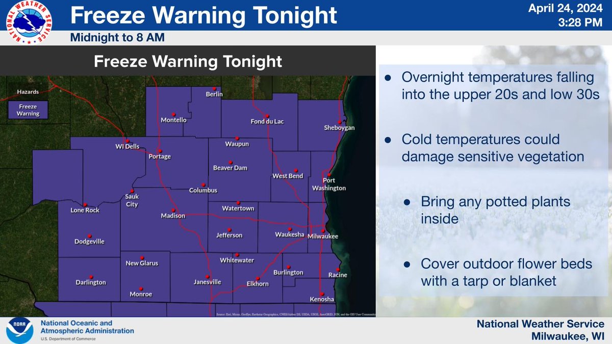 A Freeze Warning is in effect tonight through early Thursday morning for all of southern Wisconsin. Temperatures are expected to be cold enough to damage sensitive early season vegetation. Take precautions to protect tender plants from the cold! #wiwx