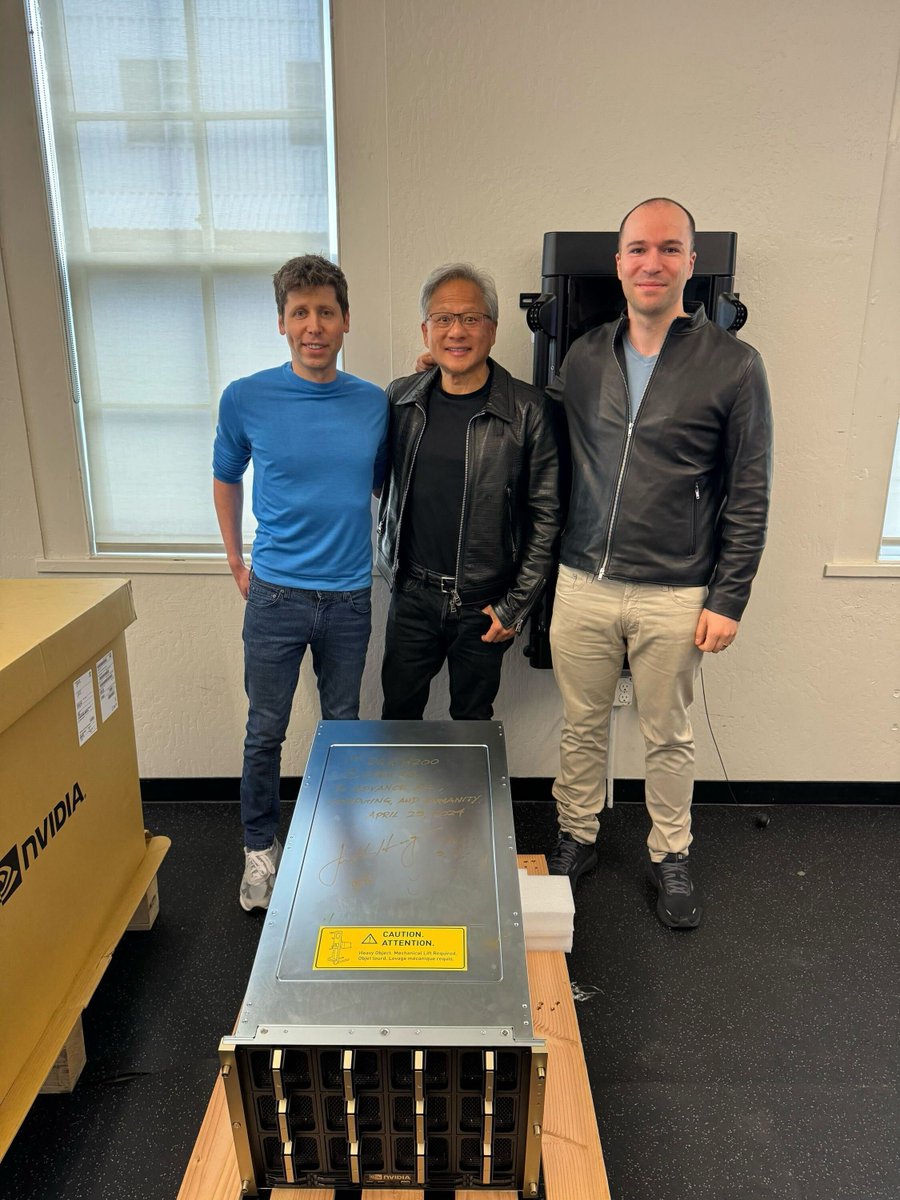 First @NVIDIA DGX H200 in the world, hand-delivered to OpenAI and dedicated by Jensen 'to advance AI, computing, and humanity':