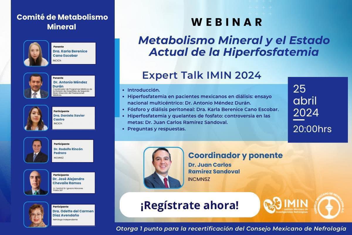 📢 Mañana es el gran día. El comité de Metabolismo Mineral te invita a su Webinar el día 25 de abril a las 20:00 hrs. “Metabolismo mineral y el estado actual de la hiperfosfatemia” Regístrate ahora en el siguiente enlace: 🔗 [bit.ly/3Ugbm5t