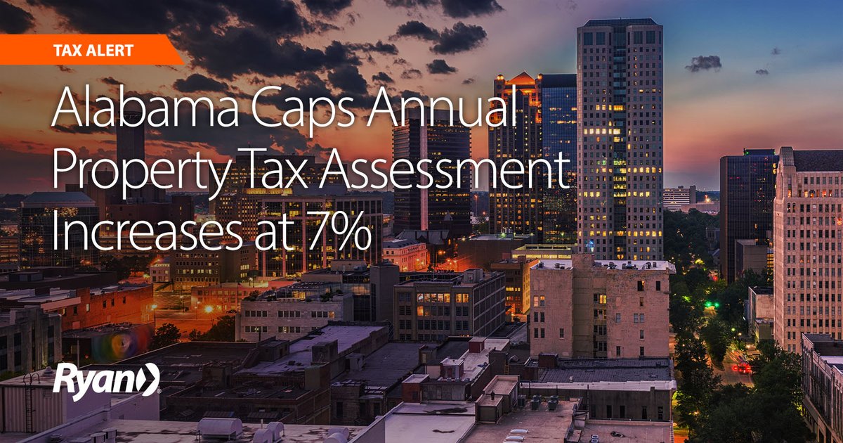 Alabama House Bill 73, which would cap yearly property tax increases at 7% after a reappraisal, is set to take effect on October 1, 2024, and will impact the 2025 property tax assessments. Learn more here. tax.ryan.com/news-and-insig…