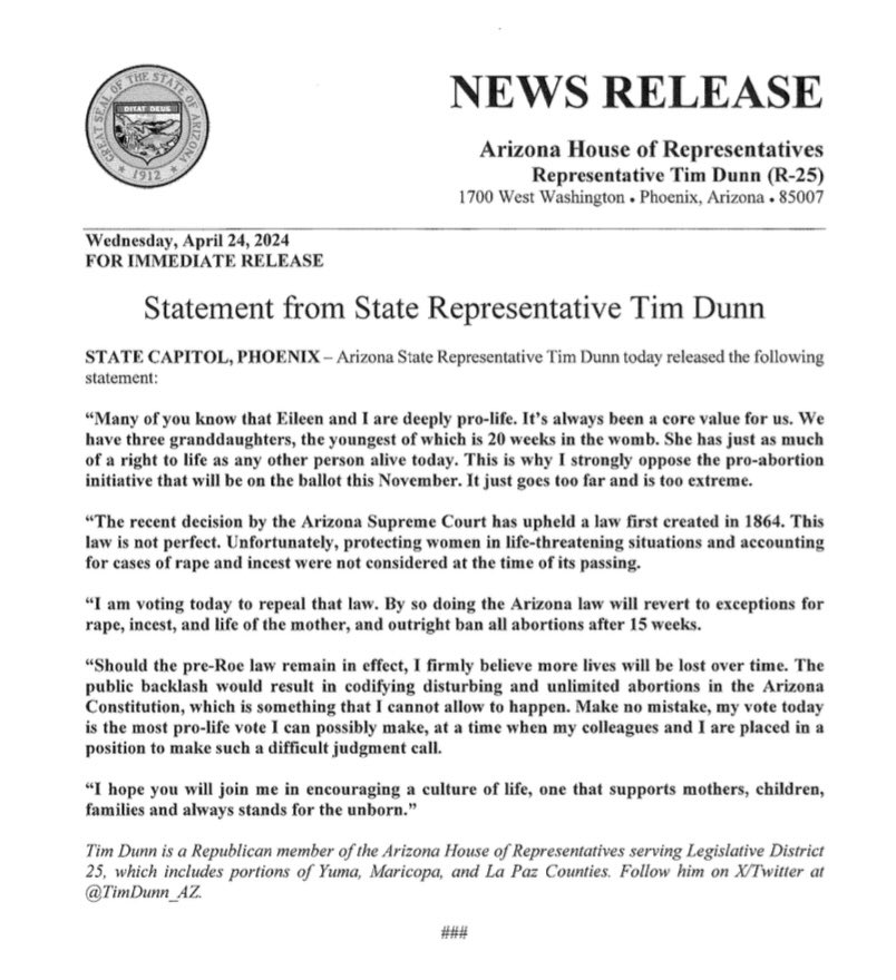 Statement by GOP Rep. @TimDunn_AZ on his vote to repeal the pre-Roe abortion ban. Dunn provided the critical 31st vote to force a vote on the repeal bill.