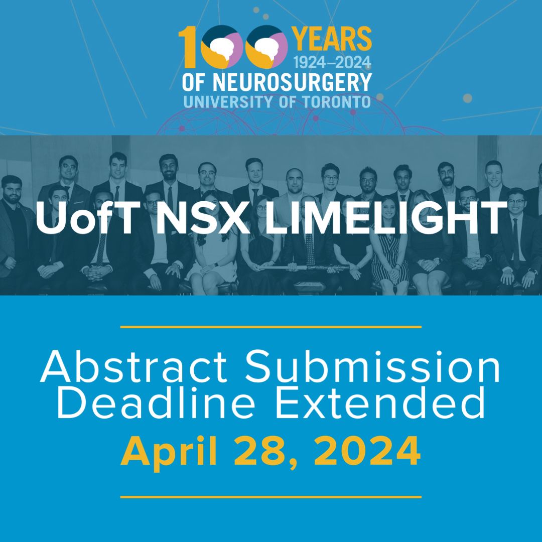 The #abstract submission deadline for UofT #Neurosurgery #Limelight has been extended to Sunday! $500 cash prizes are available for the best poster and best oral presentation. Find out more or submit now: bitly.is/44eZjso @MansurAnn @armaan_km @AndrewAjisebutu