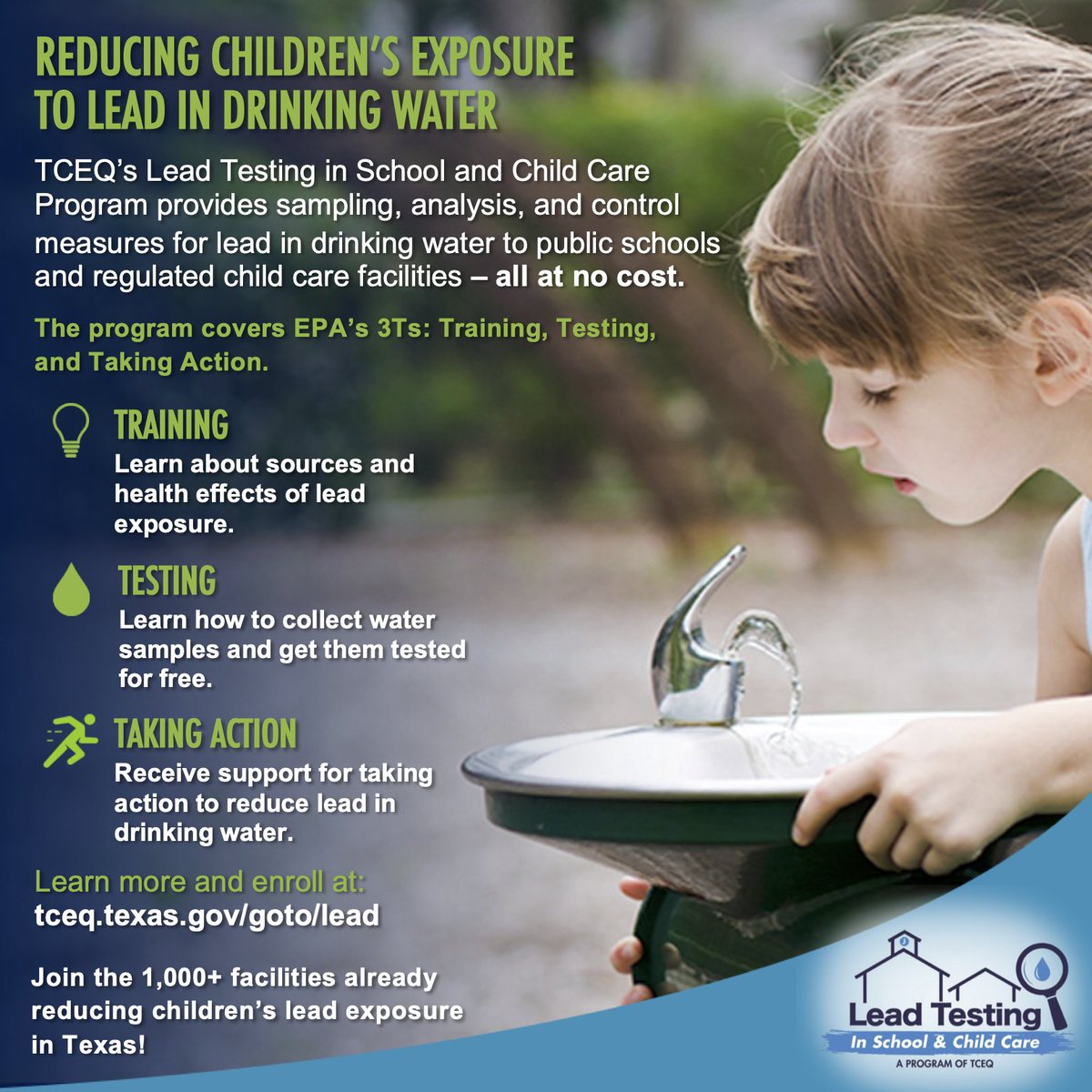 We invite school and child care administrators to join the Lead Testing in School and Child Care (LTSCC) Program webinar on May 1. This webinar will highlight on-site sampling assistance and the free pitcher filters now provided. To register visit texasleadtesting.org.