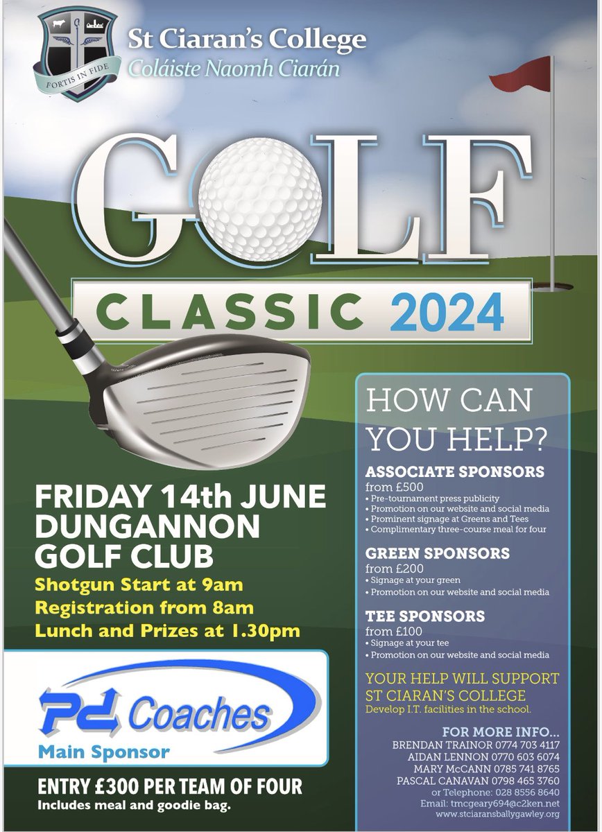 St Ciaran's Golf Classic 2024! Please see below some information on our upcoming golf classic. We hope that funds raised will develop I.T. facilities in school. Follow the link below to take part or provide sponsorship! stciaransballygawley.org/golf-classic