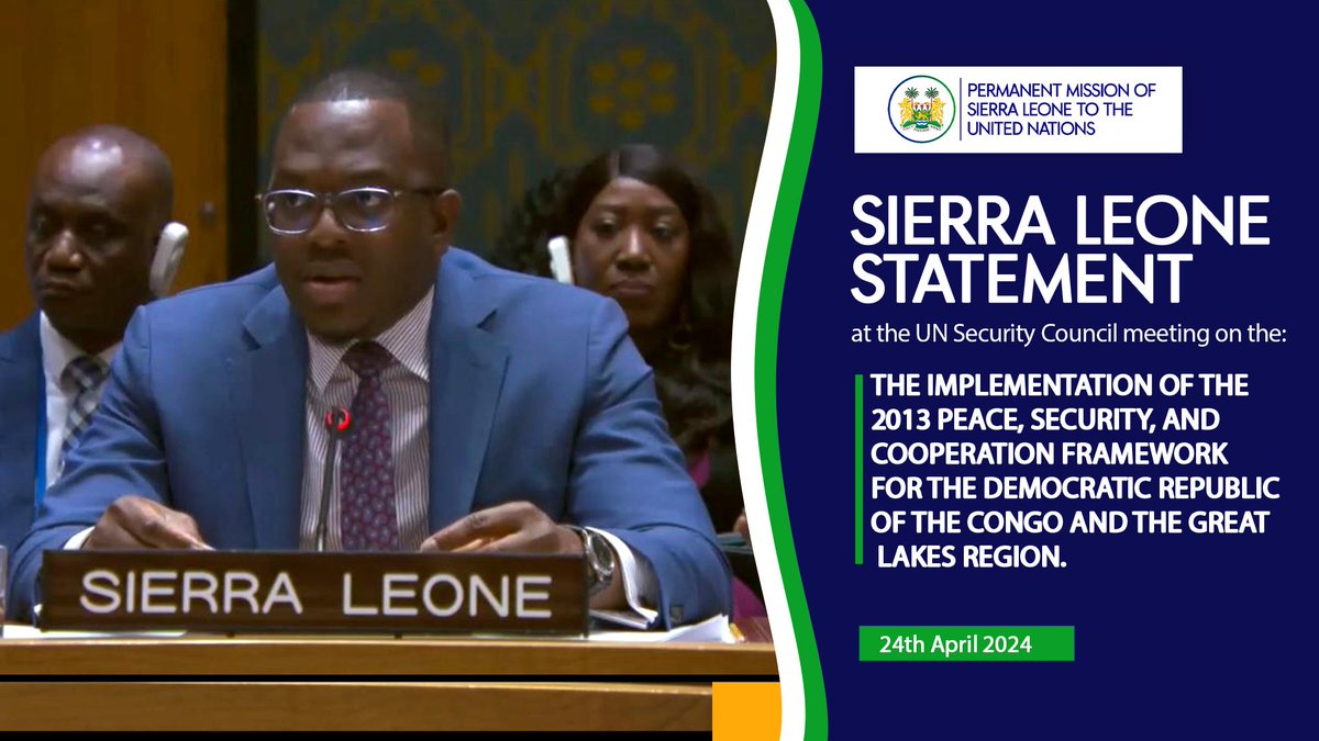 *April 24th, 2024.*
#UNSecurity Council Briefing on the  Situation in the Great Lakes Region

Focused on the implementation of the Peace, Security and Cooperation Framework for the Democratic Republic of the Congo and the Region, H.E. Dr. Michael Imran Kanu  Ambassador and…