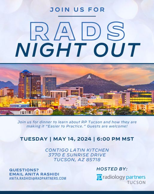 Register for RADS Night Out in Tucson!? Registration Link: app.smartsheet.com/b/form/5195794…… We are excited to meet and mingle with you! Come learn and enjoy an event out. #Radiology #Radsnightout #AZ #Arizona #Radiologist #Tucson #RadRes #IRad