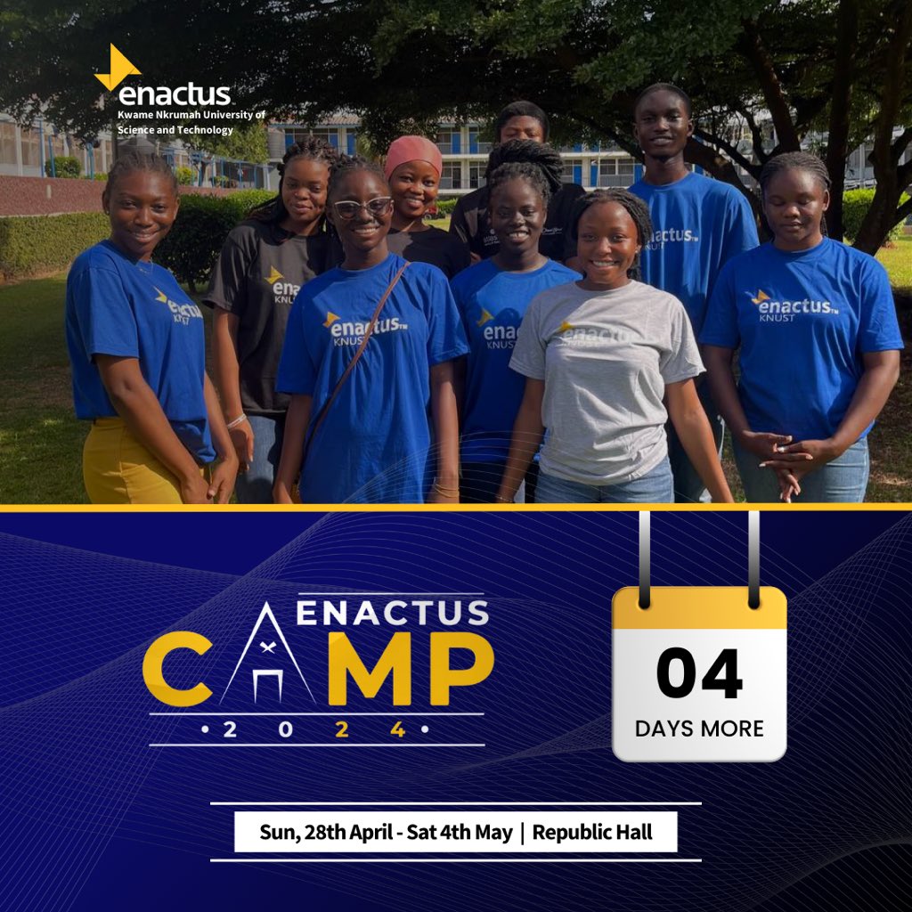 4 days more✨🥳…..

Ps: The camp would be happening at Republic Hall😁💚🐓

We are….. Enactus KNUST✨

#weallwin #nextgenleaders #enactus