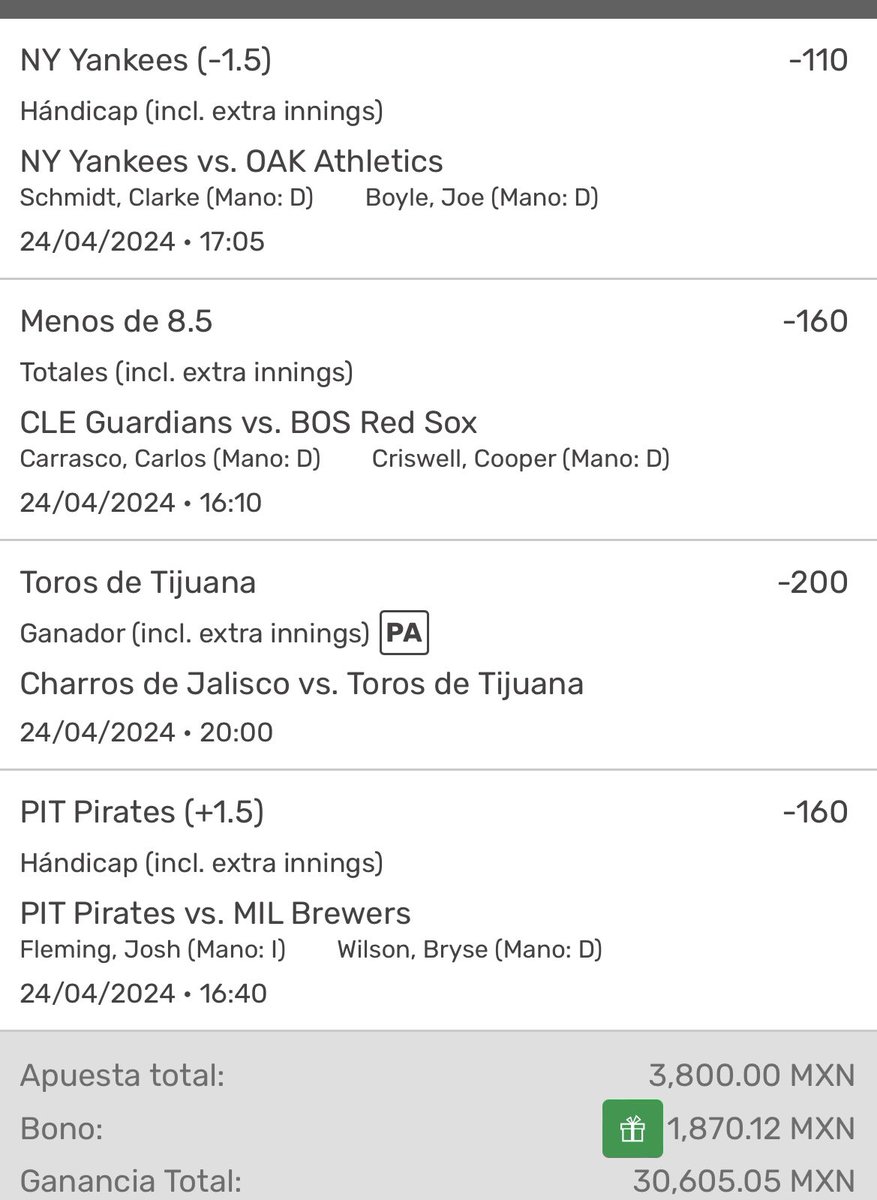 Les comparto mi Parlaycito del día un combinado de MLB & LMB que me gustó mucho ⚾️🔥

Quien me sigue??? Recuerden que aquí pura buena vibra 🍀🍀🍀 vamos por ese verde 🤩🤑.