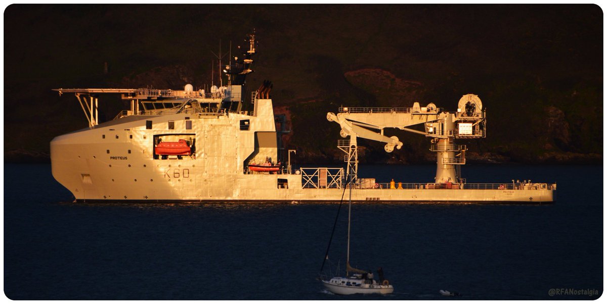 Rare sunshine this evening at @HMNBDevonport Anchorage #7 - showing @RFAHeadquarters @RFAProteus in golden light. #RFAProteus.