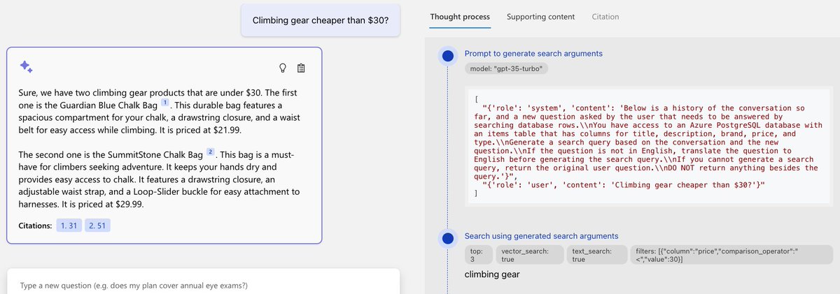 Just presented my RAG on PostgreSQL app, using hybrid search and function calling to generate search query and optional filters. Repo @ github.com/pamelafox/rag-… Slides @ speakerdeck.com/pamelafox/buil…