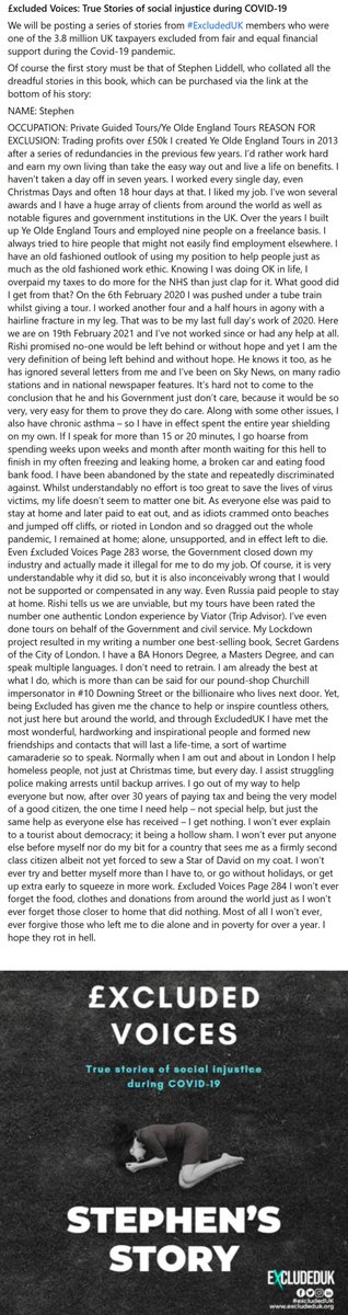 Stephen's story, {tap the image} one of millions of #ExcludedUK TAXPAYERS bereft of any financial government support during the pandemic because SUNAK chose to willfully discriminate against 3.8M UK citizens @ExcludedUK @ExcludedFighter @ExcludedUnity