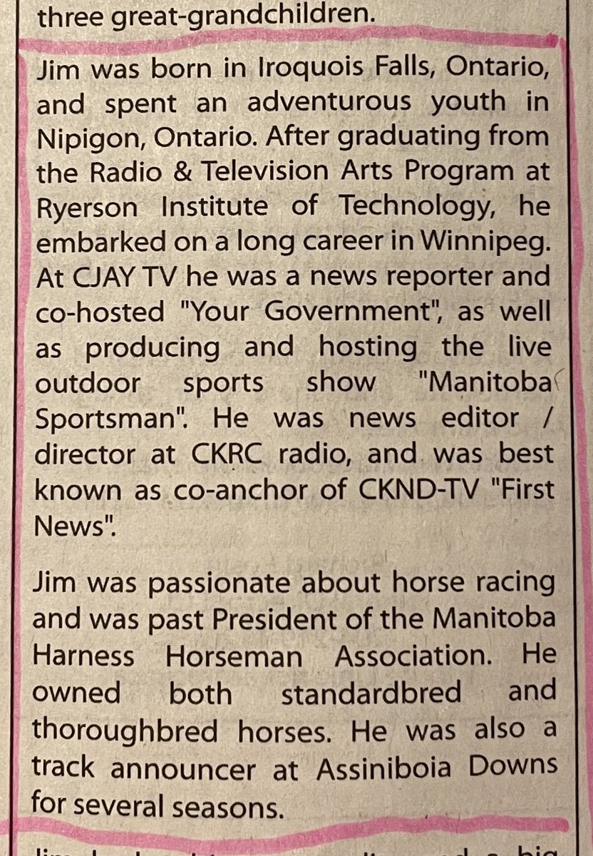 Jim Farrell was a reporter at CJAY TV, co-hosted ‘Your Government’ and produced and hosted ‘Manitoba Sportsman”. He was CKRC’s news director and co-anchored CKND’s ‘First News’. He owned horses and was an announcer at Assiniboia Downs #RIP @WinnipegNews passages.winnipegfreepress.com/passage-detail…