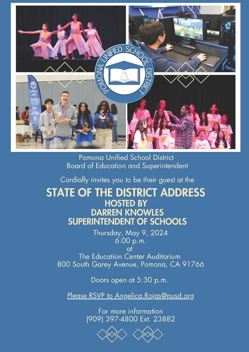 Board of Education and Superintendent Cordially invites you to be their guest at the State of the District Address, Hosted by Darren Knowles Superintendent of Schools. edl.io/n1916994