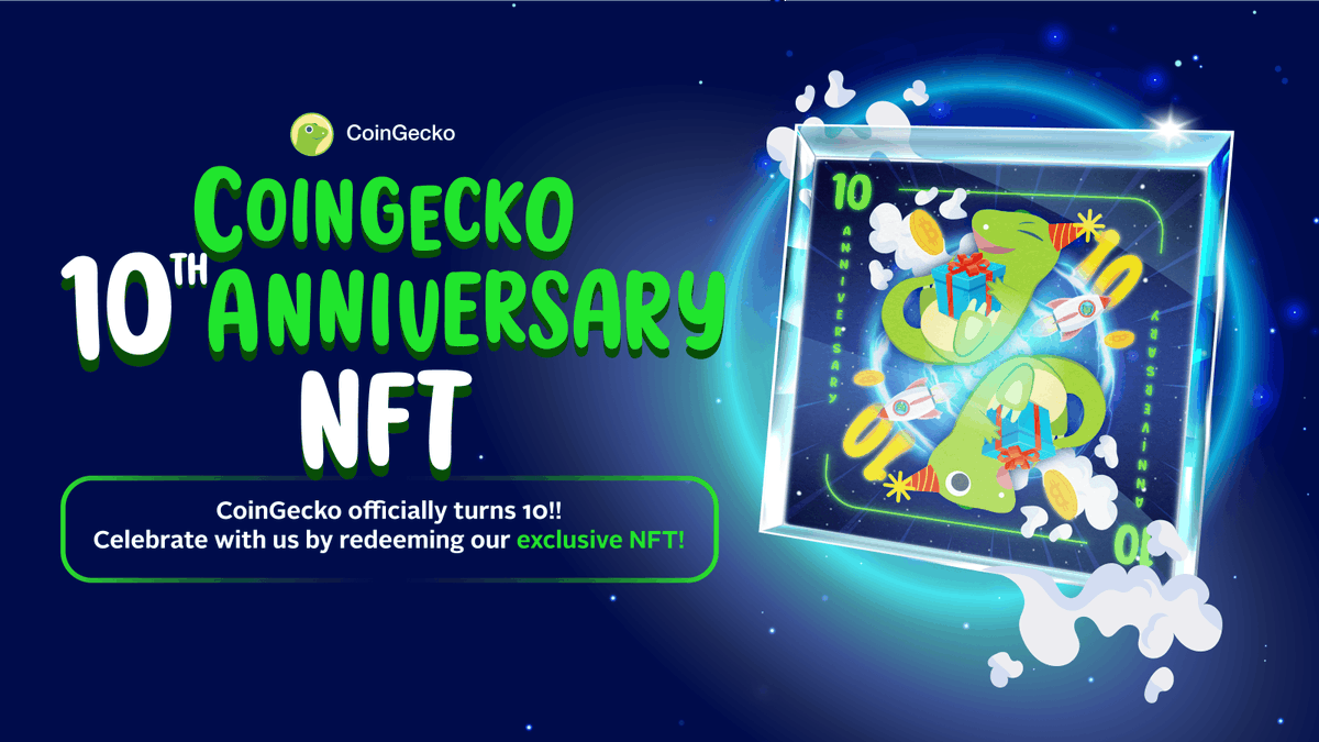 ⚡️ CoinGecko 10th Anniversary NFT

@Coingecko'nun 10. Yıl hatırasına bir NFT çıkartmış, değerlendirmek isteyenler 100 candy karşılığında mintleyebilir.

İlk önce 100 Candy vermeniz gerekiyor daha sonra aynı konunun içine girip cğzdan adresinizi yazmanız gerekiyor.
▪️