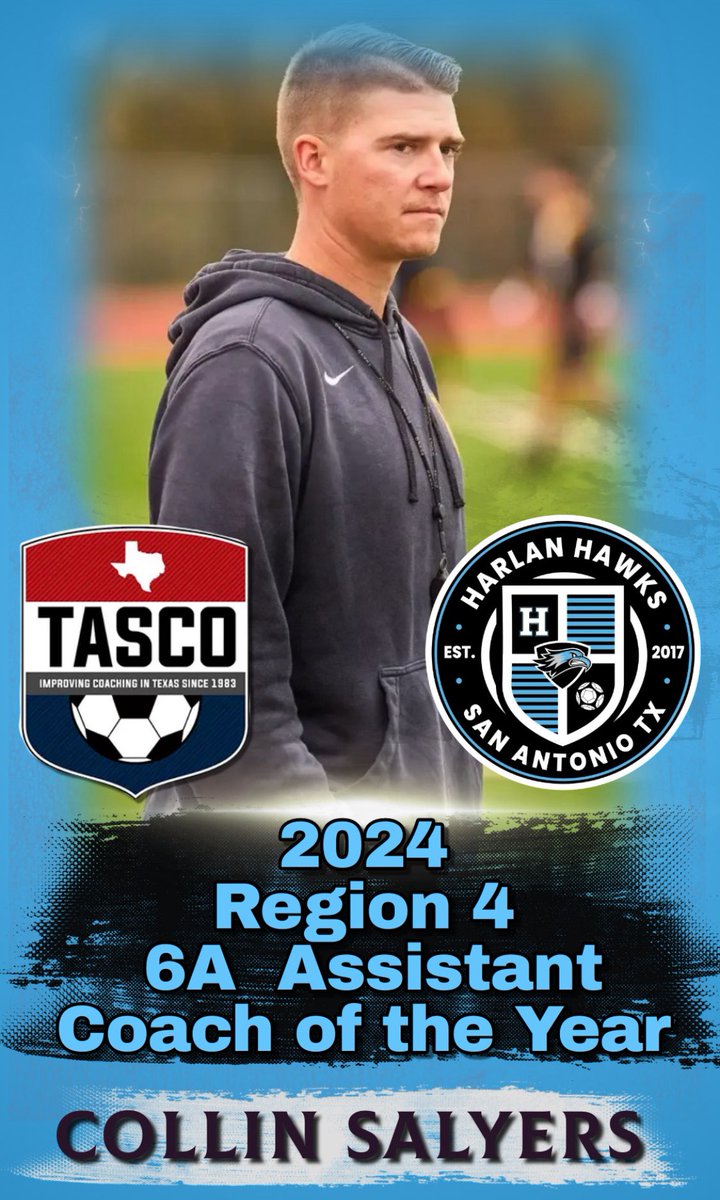 Congratulations to our very own 
<a href="/HarlanSoccer/">⚽️ ℍ𝕒𝕣𝕝𝕒𝕟 ℍ𝕒𝕨𝕜𝕤 ⚽️</a> Coach Salyers!!!
TASCO Region 4 Assistant Coach of the Year!
We are truly Blessed to have him here at HARLAN!!!!🙌🏻🙌🏻🙌🏻

Only the Best at the NEST!!!💪🏻

#HawkYeah 

<a href="/NISDHarlan/">Harlan High School</a> <a href="/tascosoccer/">TASCO</a>