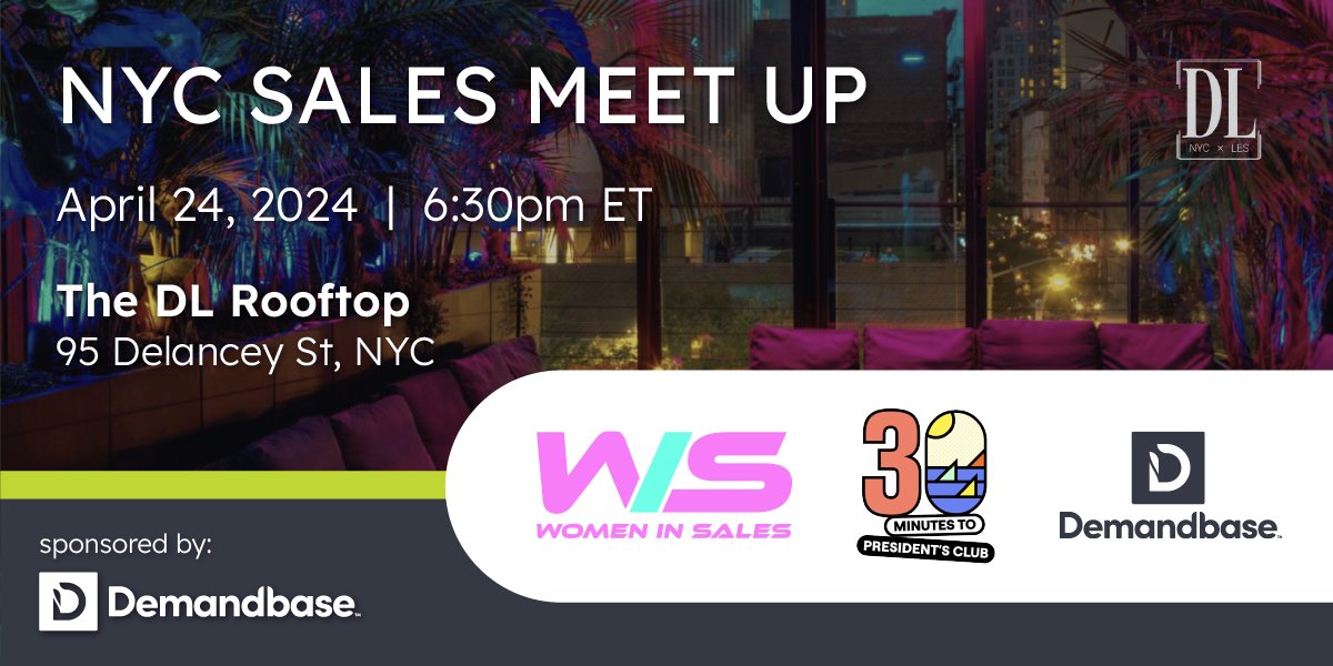 📣 Calling all NYC sales professionals! 🚨 Join us tonight for an EPIC sales networking event at the DL Rooftop with 30 Minutes to President's Club and Women in Sales. The event kicks off in just a few hours. Secure your spot now: bit.ly/3x8M1kC