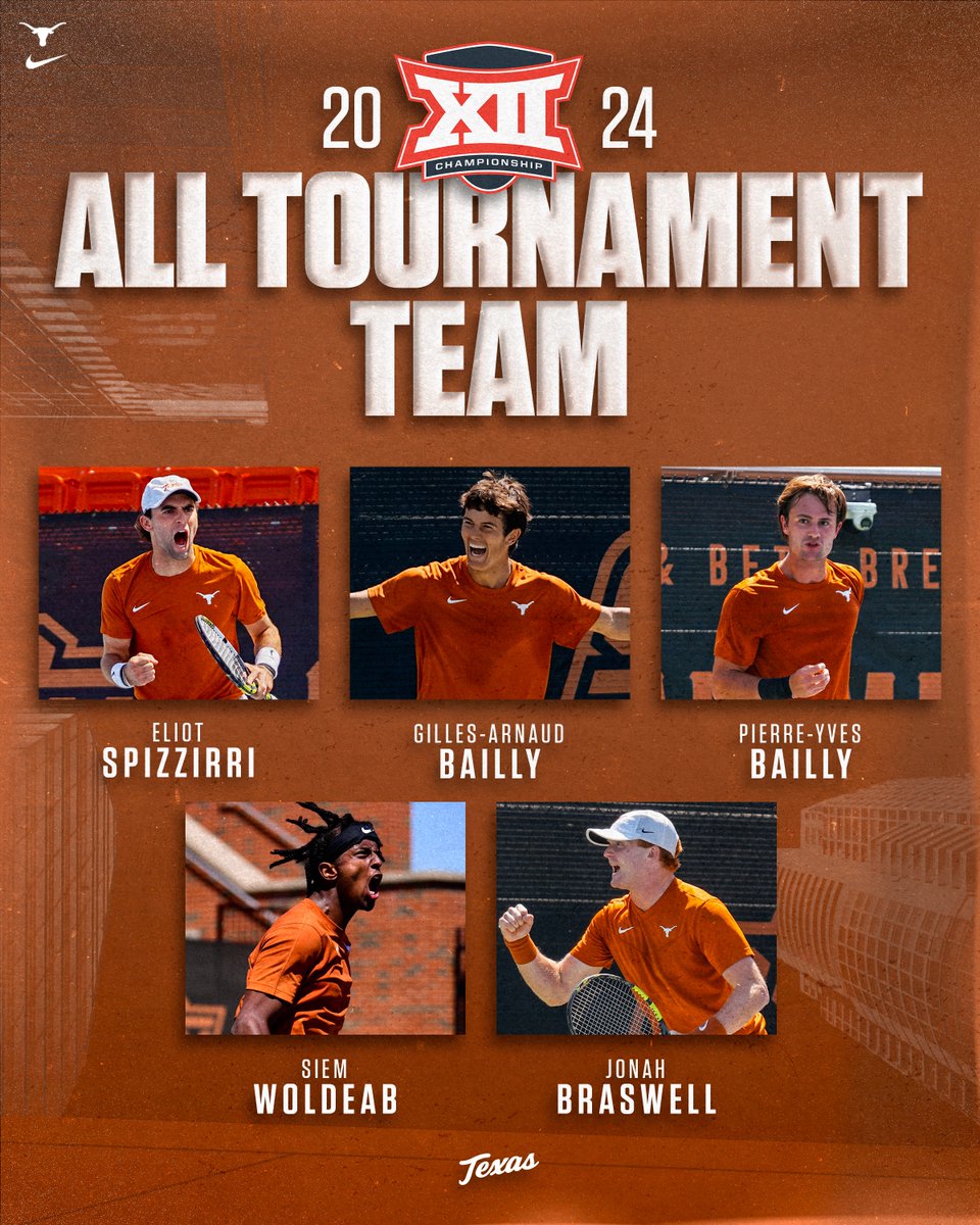 Congrats to our Horns on the 2024 @Big12Conference All-Tournament Team with 5️⃣ in singles and 2️⃣ doubles pairs! First the singles... 📖 hookem.at/MTN-2024-Big12… #HookEm 🤘🎾
