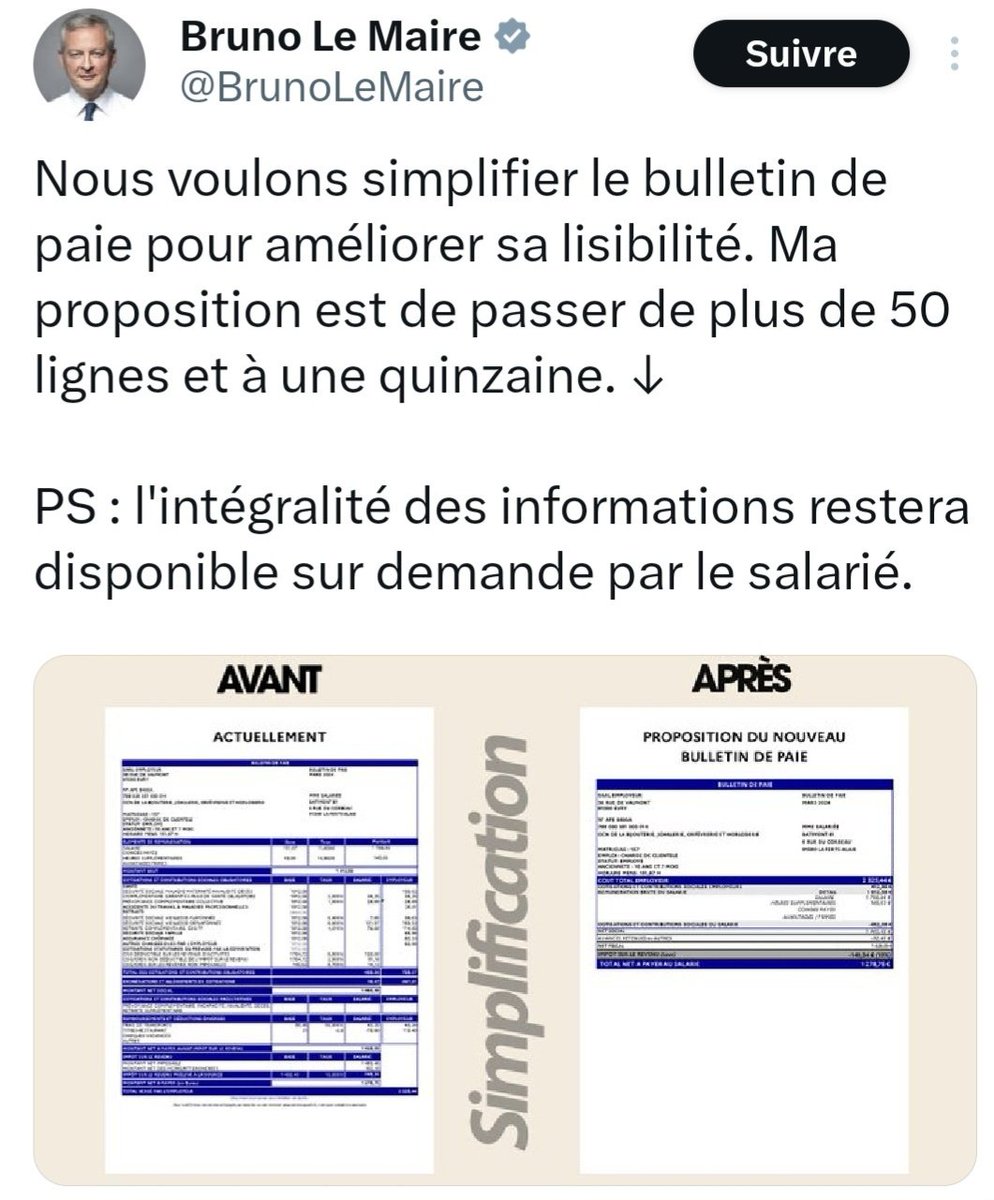 Bruno Le Maire, tu lui demandes d'augmenter les bas salaires qui ne permettent pas de vivre dignement, il t'annonce fièrement une 'simplification' du bulletin de paie qui va invisibiliser le détail des cotisations salariales. Bref, une opacité qui empêchera les salariés de…