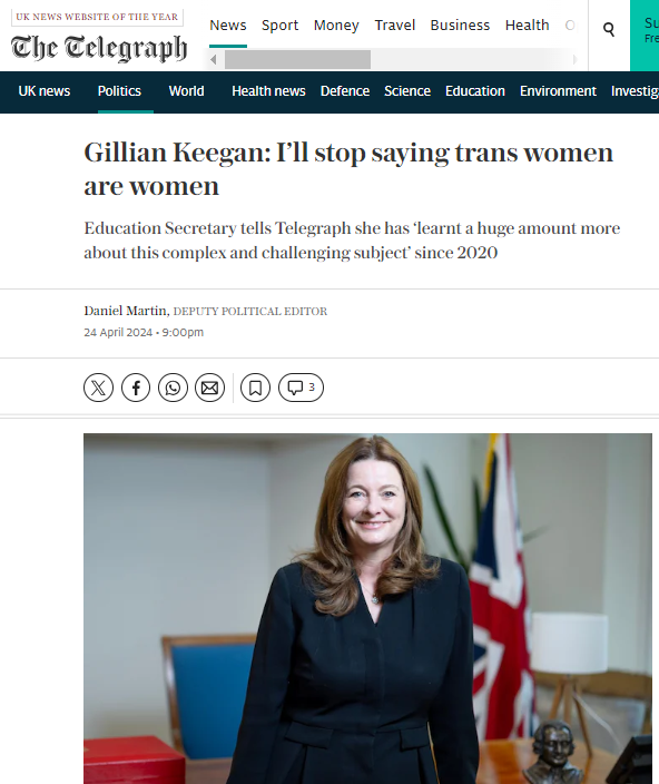 UK Education Secretary @GillianKeegan: I’ll stop saying trans women are women.