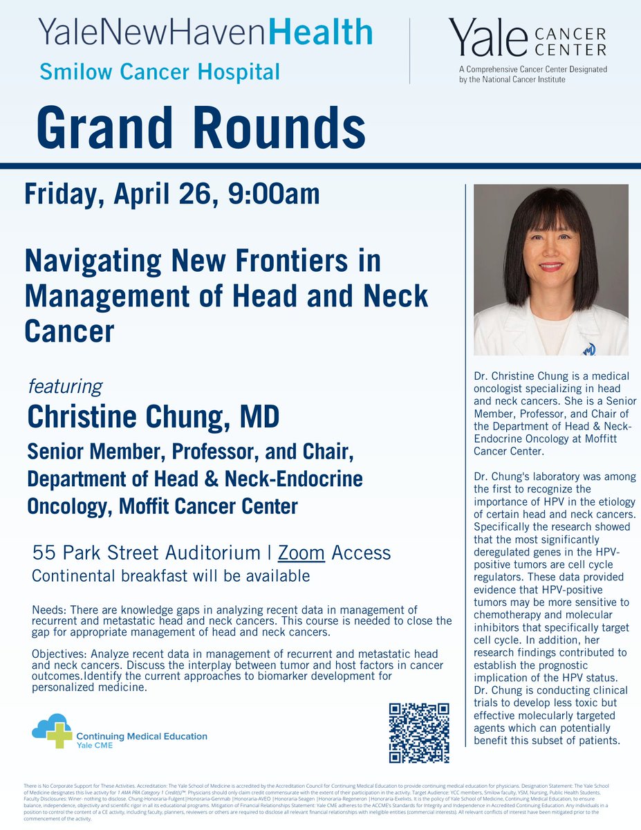 Tomorrow at 9am, we welcome Dr. Christine Chung @MoffittNews for #GrandRounds as she presents 'Navigating New Frontiers in Management of Head and Neck Cancer.' Join us in Smilow Auditorium or online via Zoom. bit.ly/49UDVd0 @SmilowCancer @YaleMed @YNHH