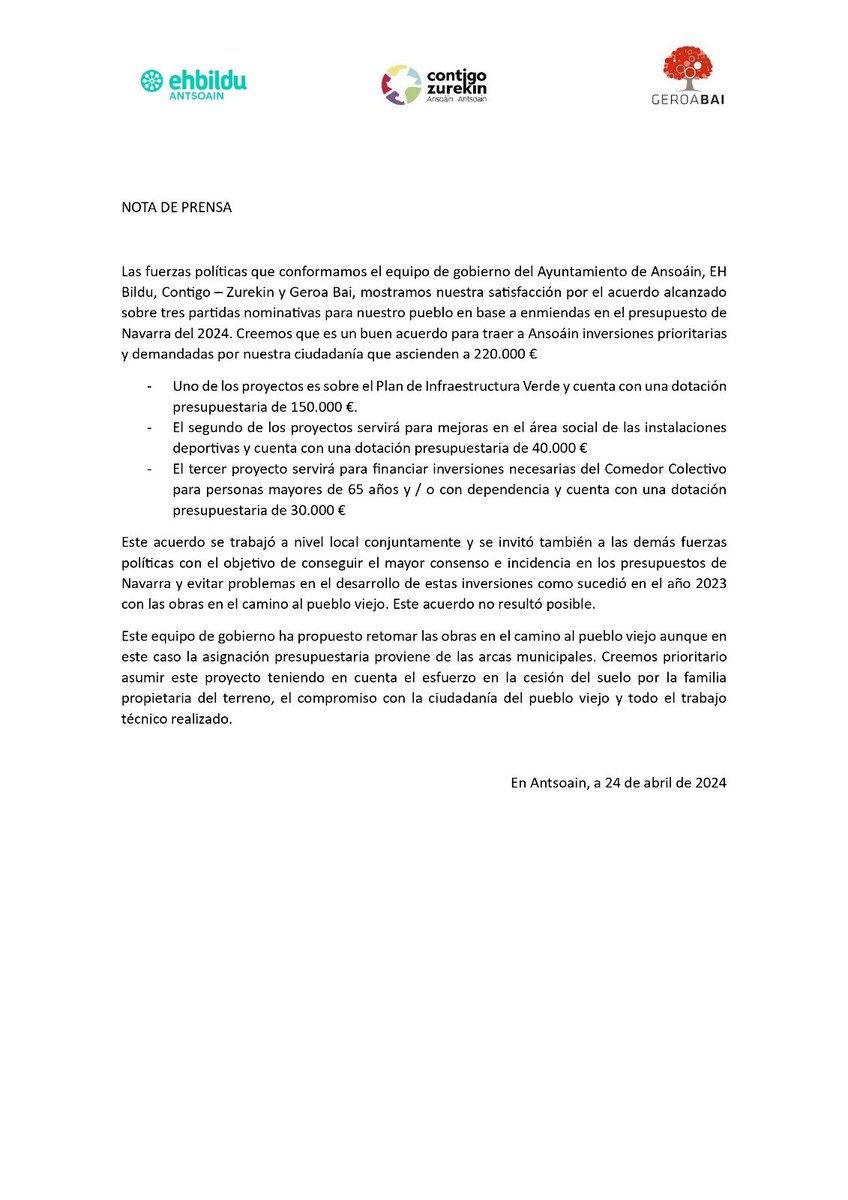 El Ayuntamiento de Antsoain ha aprobado modificaciones 
presupuestarias para obras y
convenios deportivos.

📲 ansoain.es/noticias/el-ay…

El equipo de gobierno esta satisfecho con  el acuerdo alcanzado en el presupuesto de Navarra de  2024 entorno a partidas para nuestro pueblo.