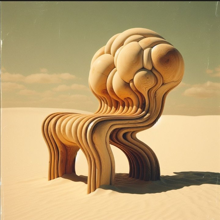 Wooden blob chair, perfect for desert sitting.
#furnituredesign 
#AIart