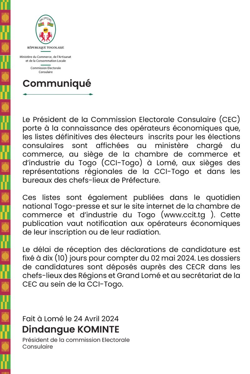 Le Président de la Commission Electorale Consulaire (CEC) invite les opérateurs économiques à consulter les listes définitives des électeurs inscrits pour les élections consulaires aux lieux indiqués dans le communiqué ci-dessous 👇🏽. @GouvTg #Denyigban #Togo🇹🇬