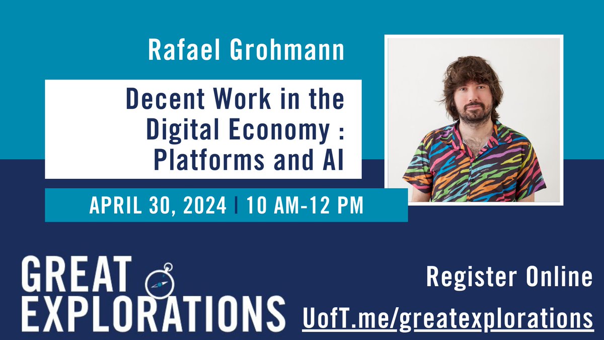 Explore the possibilities and limits of decent work in the digital economy, especially in the context of digital labour platforms and artificial intelligence. Join Media Studies Prof. Rafael Grohmann on Tuesday, April 30: utsc.utoronto.ca/vpdean/great-e… #UTSCgreatexplorations