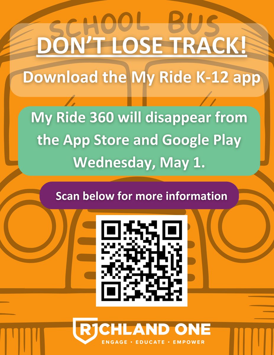 Parents and guardians, don’t lose track! Download the My Ride K-12 app before May 1 to retain access to your My Ride 360 username and password. Scan the QR code on the flyer or click the link below for more information. richlandone.org/Page/15446 #TeamOne #OneTeam