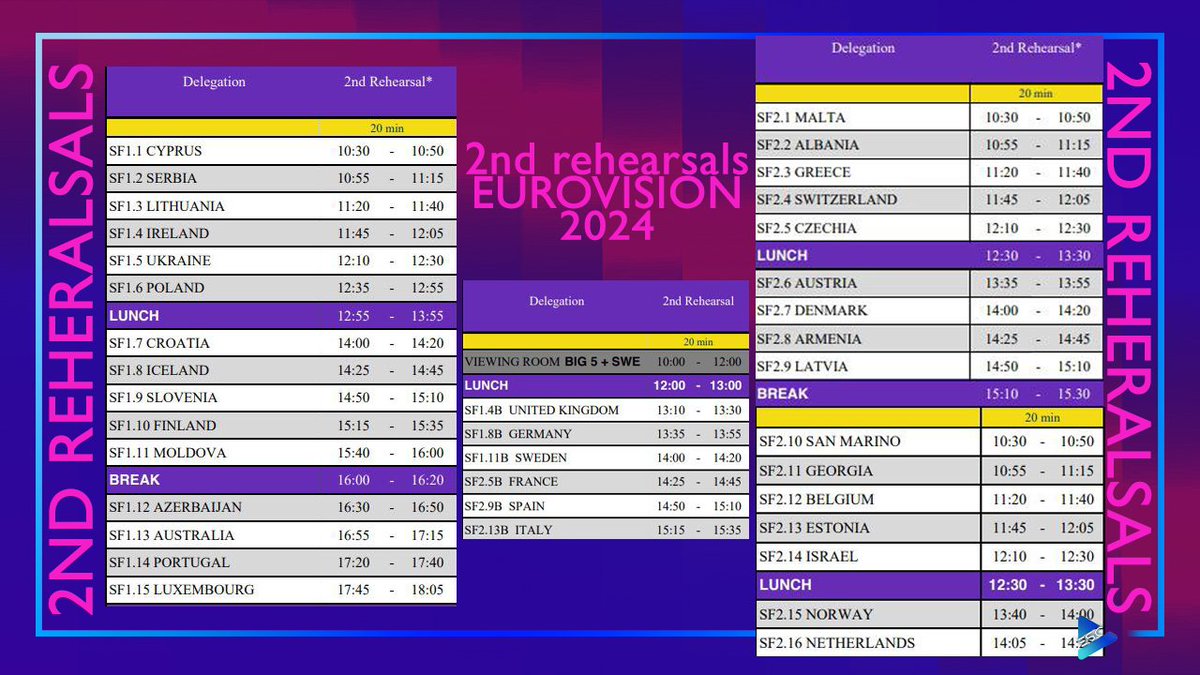 🇸🇪⎮¿Y si hablamos ya de los ensayos?. Acaba abril y nos espera la recta final hasta la #OpeningCeremony y el Festival de #Eurovision2024. Estos serán los horarios de los ensayos de las 37 delegaciones.

#Eurovision · #ESC2024 · #Sweden