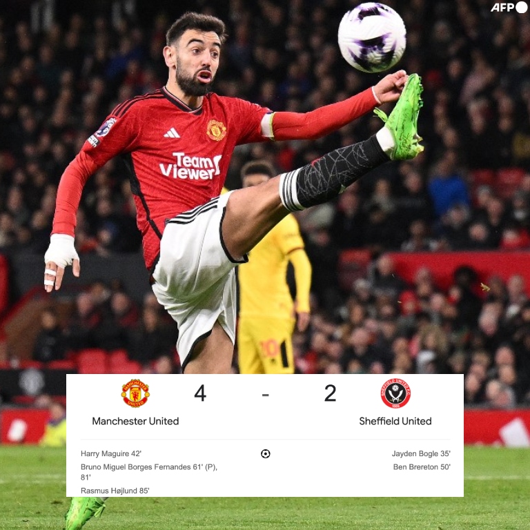 ➤ Marcó el segundo (empate). ➤ Convirtió el tercero (voltereta). ➤ Asistió en el cuarto (victoria asegurada). El capitán evitó el papelón del Manchester United contra el Sheffield. LA REMONTADA LIDERADA POR BRUNO FERNANDES.