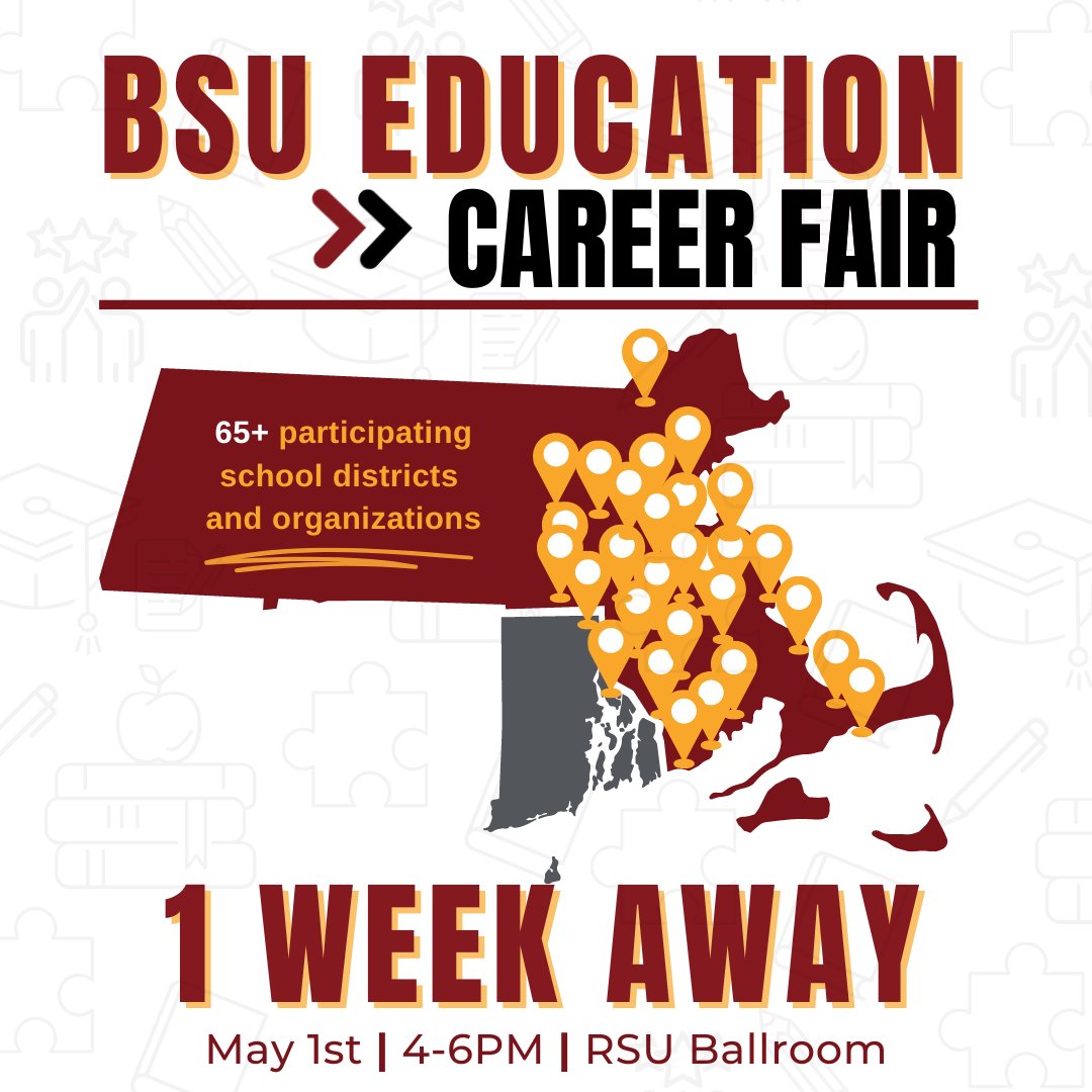 In just 1 WEEK! Over 65 schools and organizations will be on campus seeking to hire BSU students and alumni like YOU.

All majors and class years are invited to join!

#BSUworks @bridgestateu @bsuinterns @bsu_cehs @bsuseam @bsu_grad @bsu_ssw @engagebsu @bsu_alumni
