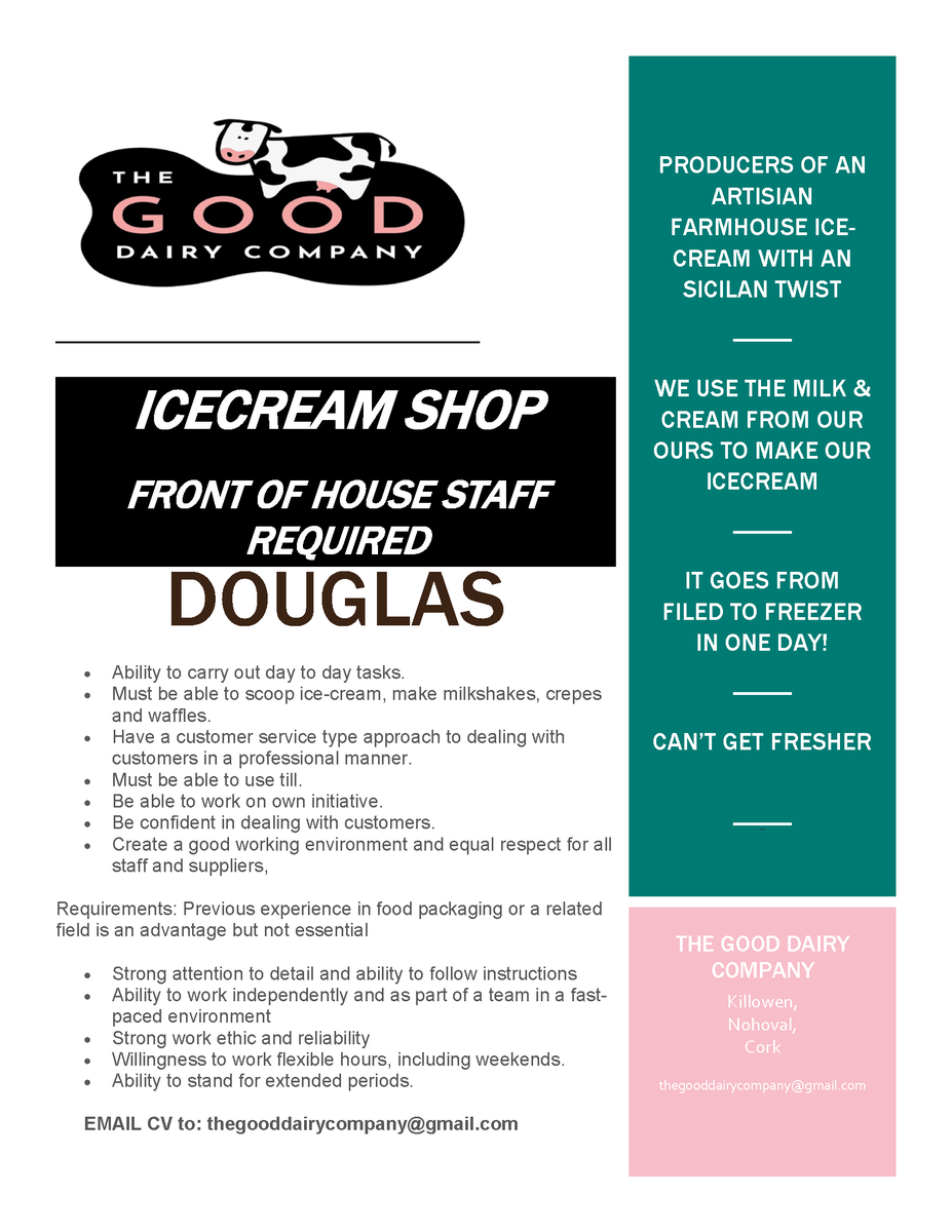 Great opportunity for roles with The Good Dairy Company in Douglas - see attached for details #jobfairy