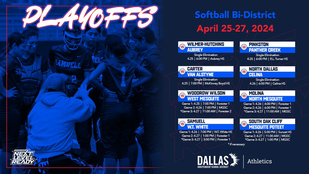 dallasathletics's tweet image. Nine Dallas ISD softball teams qualified for the UIL playoffs. Action begins Thursday. Good luck!
#NextLevelReady