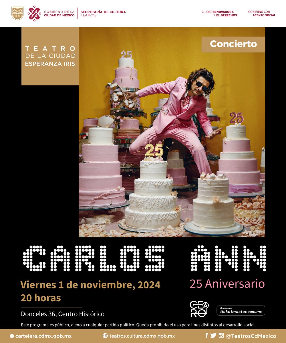 El músico español Carlos Ann regresa a México para celebrar en grande su 25 aniversario de trayectoria con un concierto el 1 de noviembre en el #TeatroDeLaCiudad. Disfruta con nosotros de un recorrido por su gran carrera musical. Boletos a la venta a partir del 30 de abril.