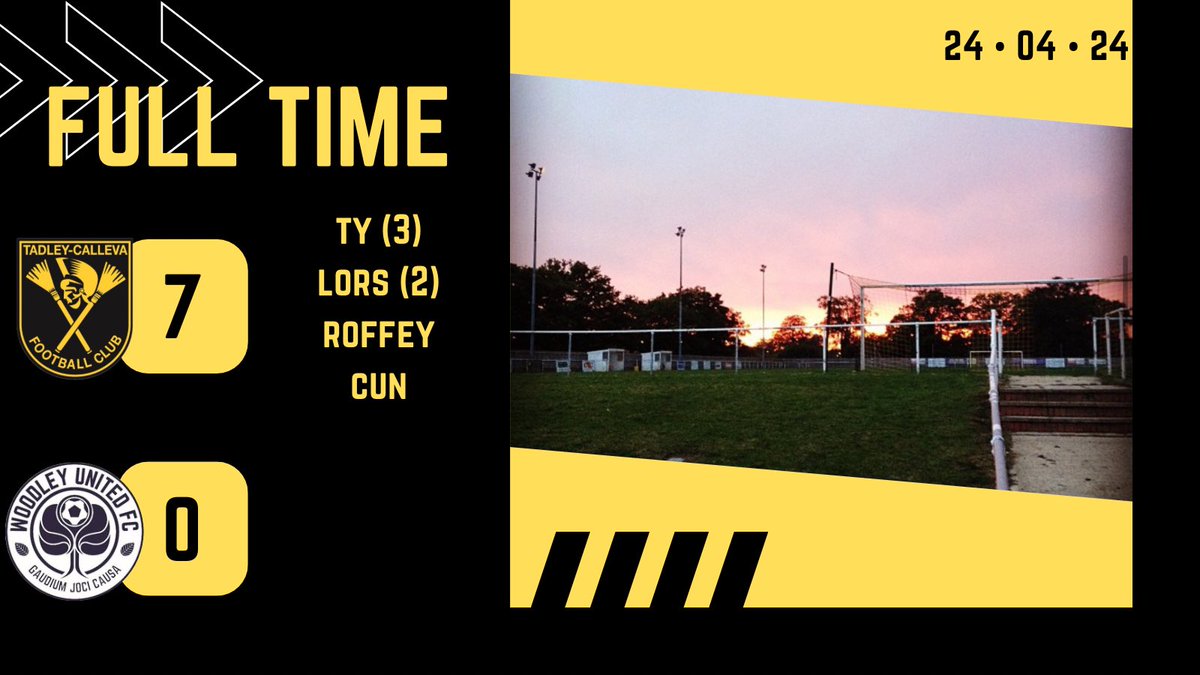 FT • @tadleycallevafc Res 7-0 <a href="/WoodleyUtdFC/">Woodley United FC</a> Devs. 

Dominant evening as we move one step closer 🤩💛

Hat trick for <a href="/tyrellreid15/">Tyrell</a>, brace for <a href="/lorsino88/">lorsino88</a>, opener from <a href="/Bazicless/">Baz</a> and one from <a href="/cunny178/">CC</a> 🖤