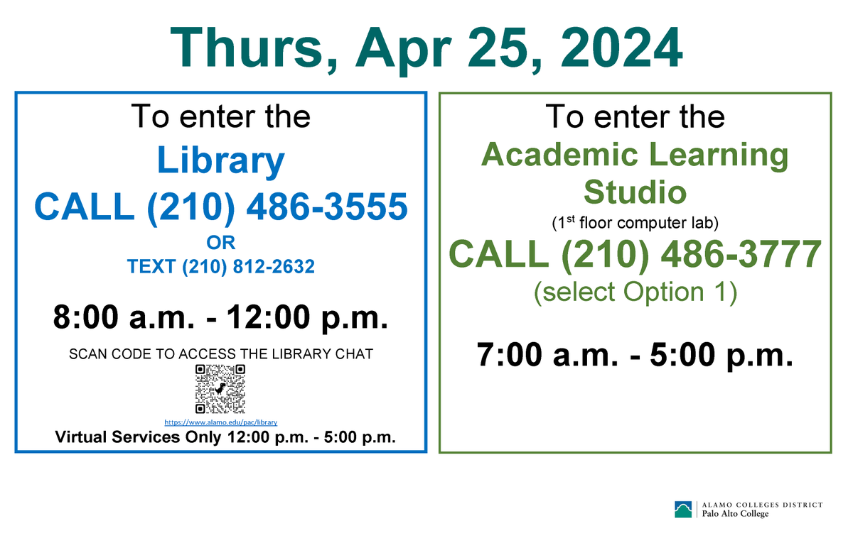 OzunaLibrary's tweet photo. Planning to visit the Library or Academic Learning Studio Thursday 4/25? Be sure to check out our special hours and procedures. https://t.co/AYXvGUAIx2