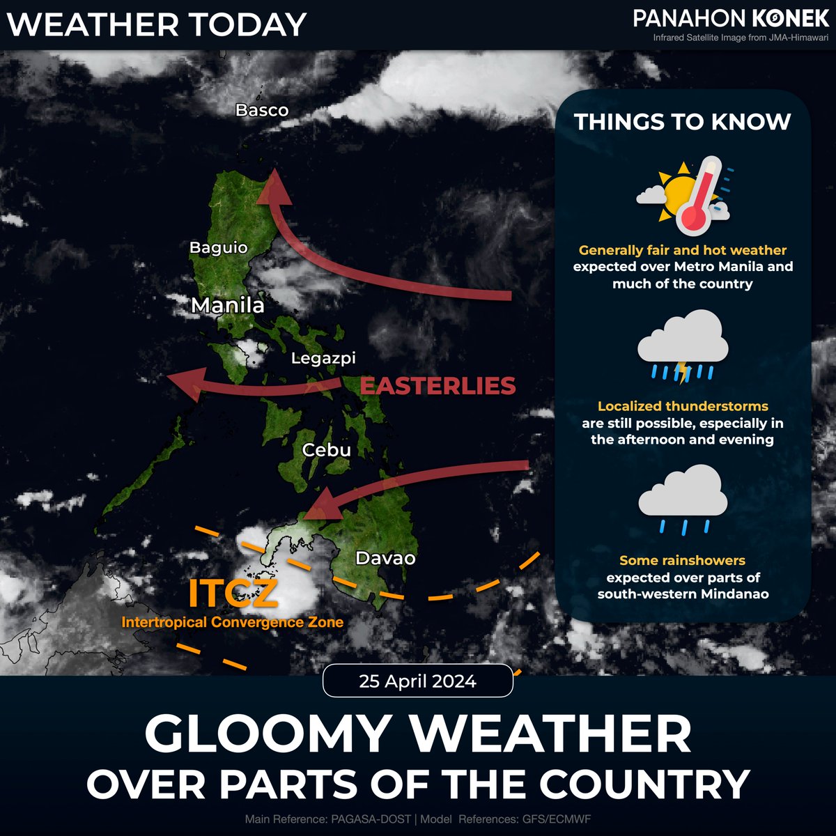 𝗚𝗟𝗢𝗢𝗠𝗬 𝗪𝗘𝗔𝗧𝗛𝗘𝗥 𝗢𝗩𝗘𝗥 𝗣𝗔𝗥𝗧𝗦 𝗢𝗙 𝗧𝗛𝗘 𝗖𝗢𝗨𝗡𝗧𝗥𝗬 ☁️ Umaga pa lang ay may ilang mga saglit na pag-ulan na ilang bahagi ng Luzon at Mindanao. Mainit at maalinsangan naman sa nalalabing bahagi ng bansa at may tiyansa ng mga localized thunderstorm pagsapit