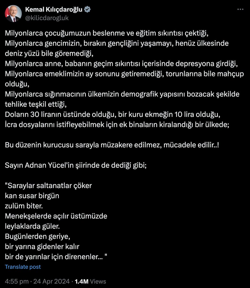 Kılıçdaroğlu: Bu düzenin kurucusu sarayla müzakere edilmez, mücadele edilir..! 

İsim vermeden Özgür Özel'e, 'Erdoğan seni tufaya getirecek, aman düşme tuzağına' demiş.

Tecrübeyle sabit, doğru söylüyor ;) bkz. Yenikapı