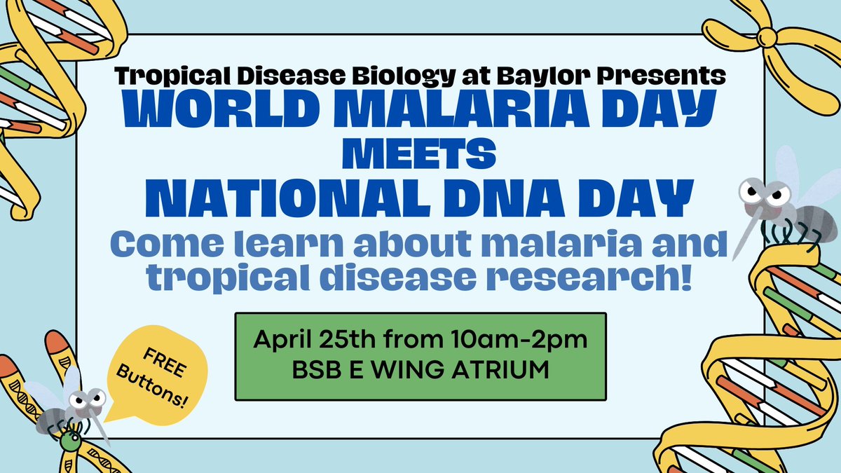 Tomorrow, April 25th, in the BSB, the tropical disease biology group will be sharing info on the impact of malaria abroad and within the US in the last year. Research conducted here by Baylor students utilizing DNA to investigate the spread of malaria will be showcased. AP