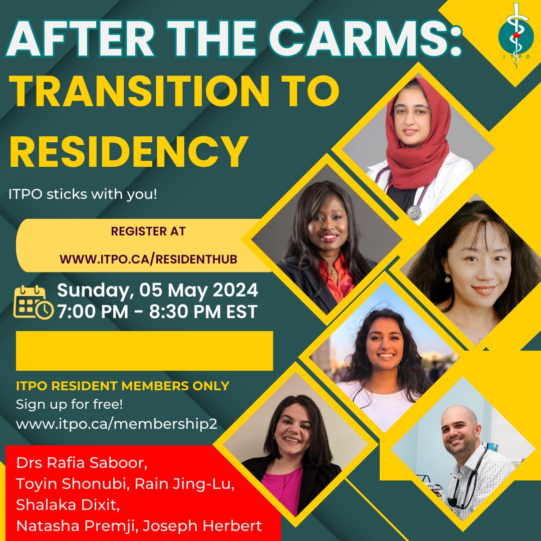 Congratulations to those who have successfully matched! 
Join us for 'After the CaRMS: Transition to Residency' on May 5th from 7-8:30 pm EST. 
Register at itpo.ca/residenthub. This event is exclusive to ITPO resident members. Sign up at itpo.ca/membership2.