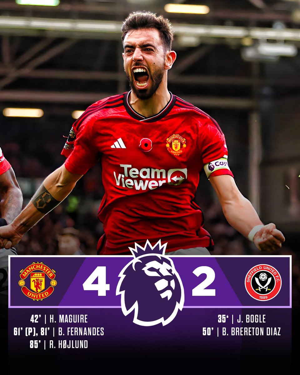 🔴🇵🇹 7 goals, 2 assists in the last 5 games for Bruno Fernandes.

vs Chelsea ⚽️
vs Liverpool ⚽️
vs Bournemouth ⚽️⚽️
vs Coventry City ⚽️👟
vs Sheffield United ⚽️⚽️👟

…usual commitment, always fighting as great captain. ©️ #MUNSHU